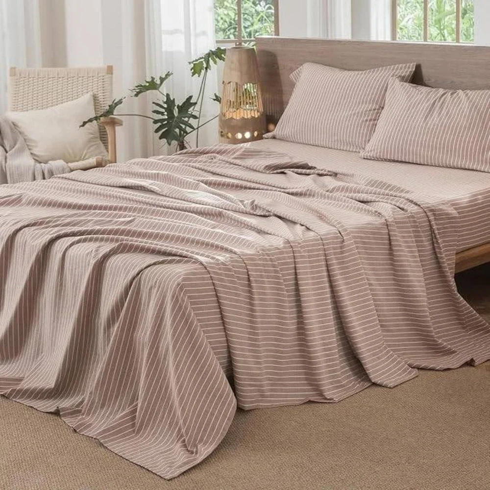 100% Cotton Striped Flat Sheet Orange White Vertical Stripe Breathable Anti-Pill